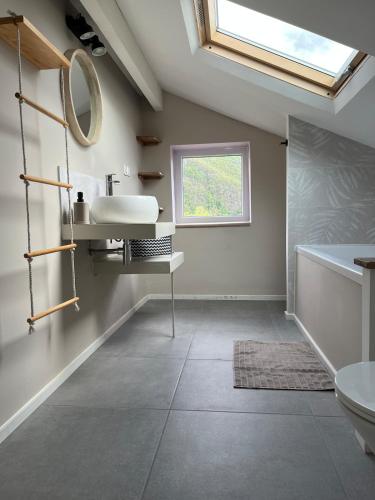 une salle de bain avec un lavabo et une fenêtre dans l'établissement Le cocon de la vallée, à Fumay