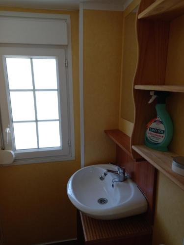 a bathroom with a sink and a window at mobilhomme omaha in Saint-Laurent-sur-Mer