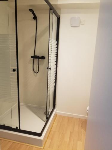 a shower with a glass door in a bathroom at appartement cosy avec jardin Amboise in Amboise