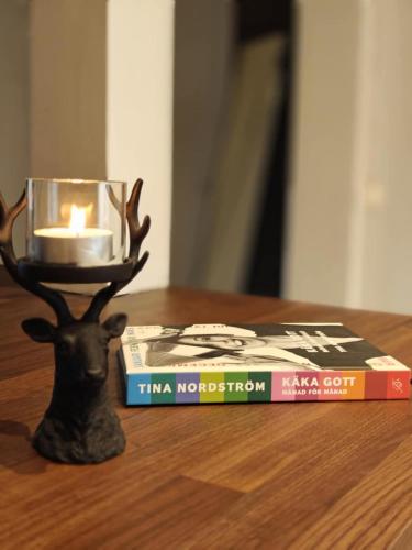 a candle on top of two books on a table at Ljunghed in Åsenby