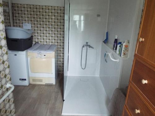 ein kleines Bad mit einer Dusche und einer Waschmaschine in der Unterkunft maison gite 6 pièces tourisme in Loyat