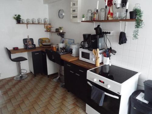 une petite cuisine avec un comptoir et un micro-ondes dans l'établissement maison gite 6 pièces tourisme, à Loyat