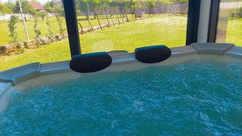 un jacuzzi en una casa con agua azul en PeSa house, en Podgorica