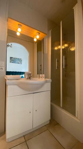 une salle de bain avec un lavabo blanc et un miroir dans l'établissement OASIS URBAINE maison de plain pied avec terrasse et jardin, à Bordeaux