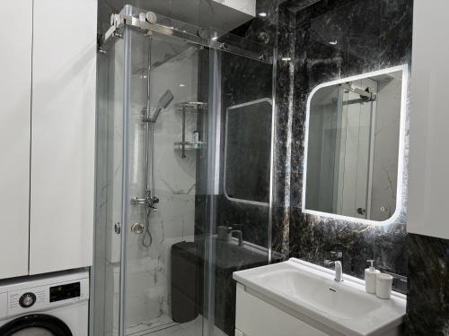 a bathroom with a shower and a sink and a mirror at Bay Tash Tower in Bishkek