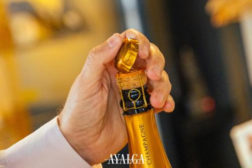 a hand is holding a bottle of champagne at Hotel Villa Rosario, Palacete in Ribadesella