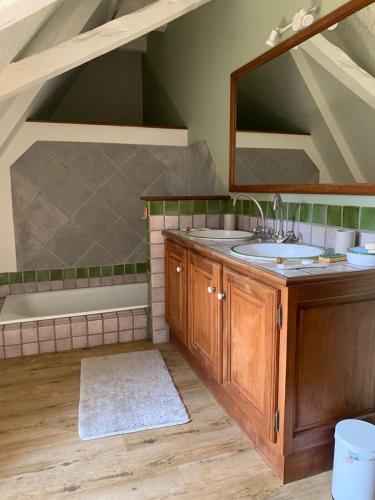 une salle de bain avec un lavabo, un miroir et une baignoire dans l'établissement Residence with pool and tennis - Saint Sozy, à Saint-Sozy