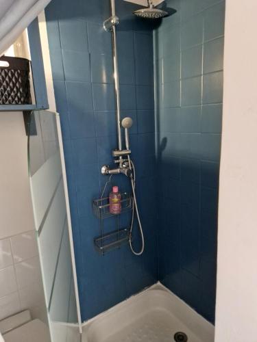 La salle de bains est pourvue d'une douche et d'un mur carrelé bleu. dans l'établissement Studio Résidence Sainte-Maxime les Plages, à Sainte-Maxime