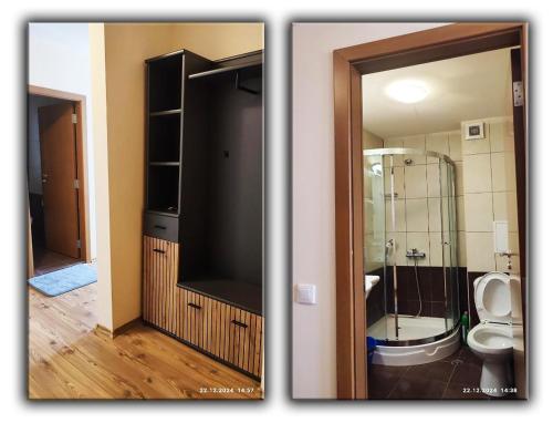Un baño con inodoro y ducha de cristal. en Grand Studio B27, en Pamporovo