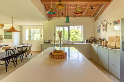 une grande cuisine avec une grande table et une salle à manger dans l'établissement Attraktive Familien-Villa im Herzen von Cap Ferret, à Cap-Ferret
