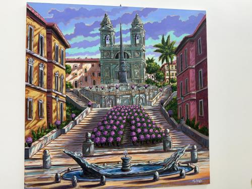 a painting of a city with a clock tower at Emy Suites in Civitavecchia