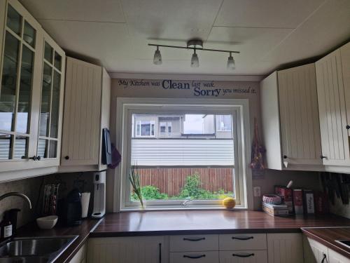 a kitchen with a sink and a window at The pink googly eyed house in Tjelta