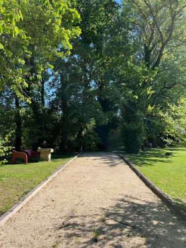 a path in a park with a bench and trees at Le Moulin de Montségur in Montségur-sur-Lauzon