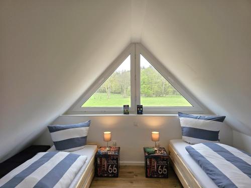 zwei Betten in einem Zimmer mit großem Fenster in der Unterkunft Ferienhaus Liv in Biendorf
