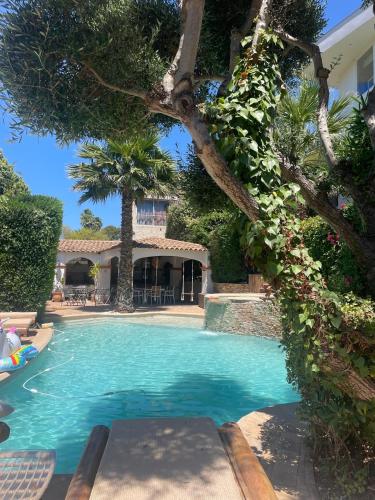 a swimming pool with trees and a house at La Villa Saint Jean BAS DE VILLA in La Ciotat