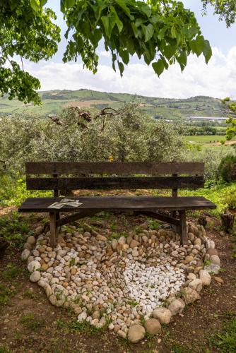 a bench sitting on a pile of rocks under a tree at Entire Private Floor in an 1800s Frescoed Villa with Historic Park - Villa Mastrangelo in Colli del Tronto