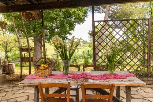 a wooden table with a basket of fruit on it at Entire Private Floor in an 1800s Frescoed Villa with Historic Park - Villa Mastrangelo in Colli del Tronto