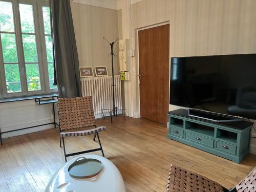 ein Wohnzimmer mit Flachbildfernseher und Couch in der Unterkunft Bord de l'eau, grand appartement in Saint-Pryvé-Saint-Mesmin