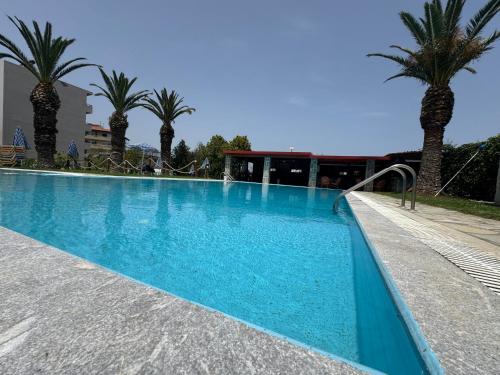 a large swimming pool with palm trees in the background at Zac & Georgio Studios in Amoudara Herakliou