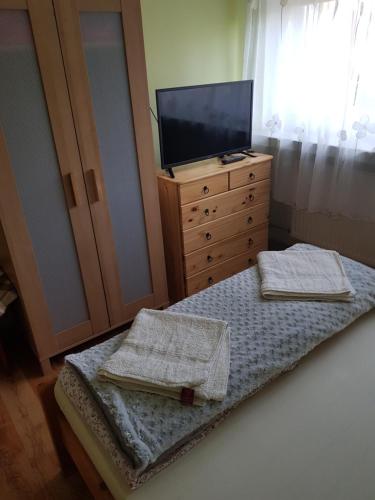 Ένα ή περισσότερα κρεβάτια σε δωμάτιο στο Apartamenty, Pokoje, Noclegi, " Skarpa" Wilkasy