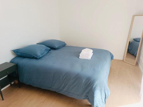 une chambre avec un lit avec des oreillers bleus et un miroir dans l'établissement Quiet shared getaway, à Giberville