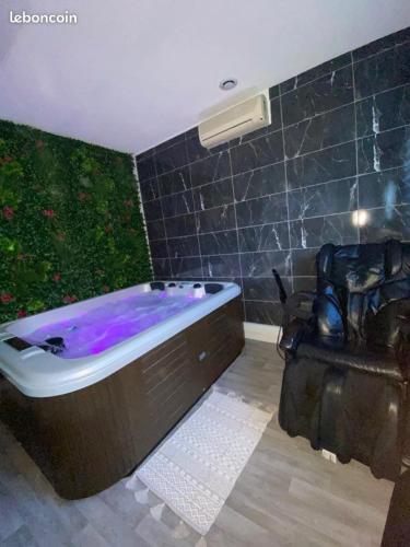 une salle de bain avec une baignoire violette dans dans l'établissement L'Inattendu Love Room, à Gardanne