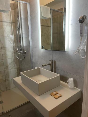 a bathroom with a white sink and a shower at Hotel Sant'Elia in SantʼElia Fiumerapido