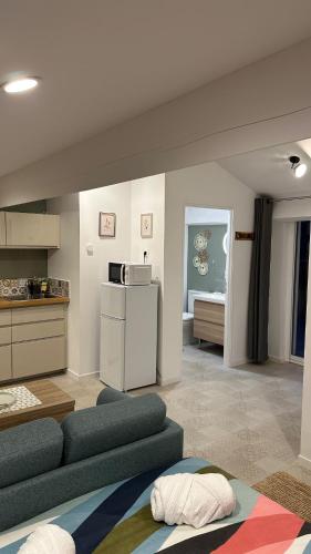 a living room with a couch and a refrigerator at Cozy studio with terrace and view Collobrières in Collobrières