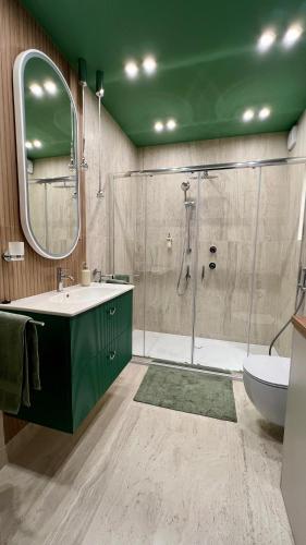 a bathroom with a green ceiling and a shower at Apartament -Luksus- Nowa Dzielnica in Busko-Zdrój