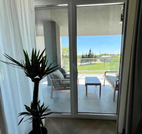 a living room with a sliding glass door with a plant at Apartament -Luksus- Nowa Dzielnica in Busko-Zdrój