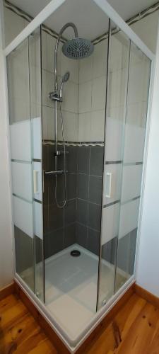 une douche avec une cabine en verre dans une salle de bain dans l'établissement les Lys Jolie suite parentale privative deux adultes avec sdd, à Pertheville-Ners