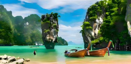 a painting of two boats in the water with cliffs at BAO Patong Beach Phuket - เบา ป่าตอง in Patong Beach