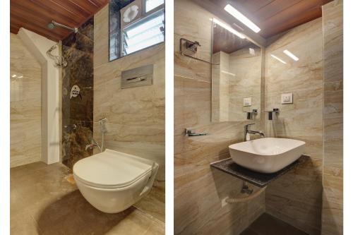 two pictures of a bathroom with a toilet and a sink at Hotel Sapphire Inn Residency in Thane