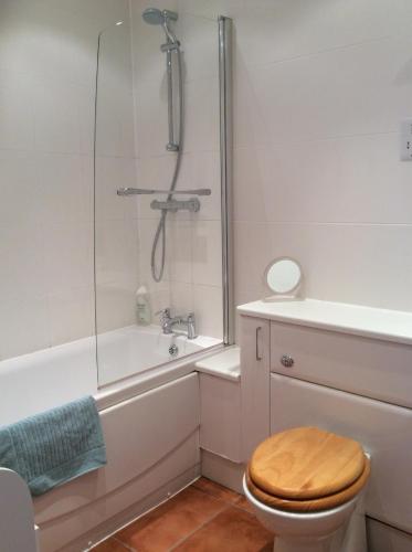 a bathroom with a shower and a toilet and a tub at The White Barn near Cambridge in Huntingdon
