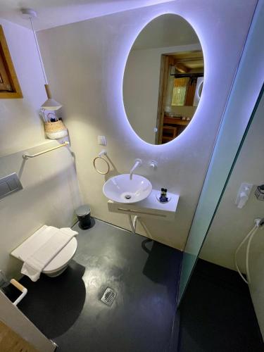 a bathroom with a toilet and a sink and a mirror at Reef in Afitos