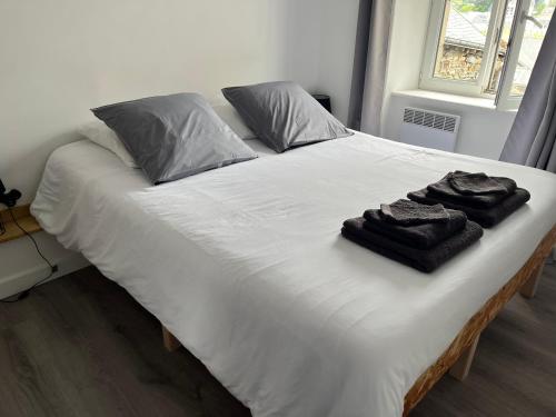 - un lit avec 2 serviettes assises au-dessus dans l'établissement Malban - Centre Historique- 3ième étage, à Lannion