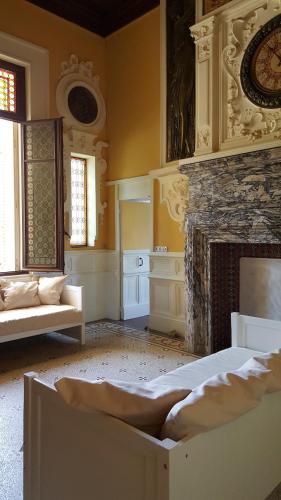 - un salon avec un lit et une cheminée dans l'établissement Château Charles Roux, à Sausset-les-Pins