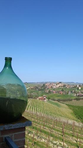 a large green vase sitting on a wall next to a vineyard at I Quattro Grappoli in Neive