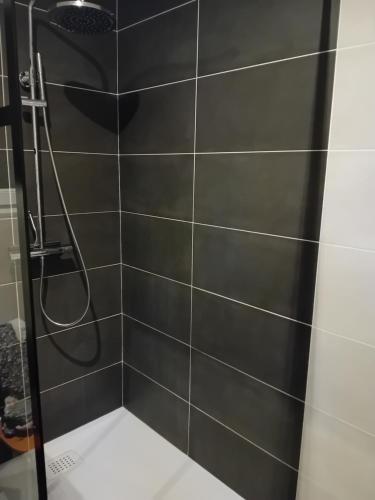 La salle de bains est pourvue d'une douche et d'un mur en carrelage noir. dans l'établissement Chambre meublé chez habitant, à Roézé-sur-Sarthe