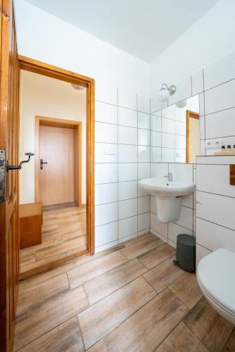 a bathroom with a sink and a toilet at penzion Dvorce in Třeboň