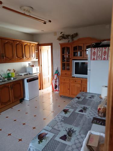 a kitchen with wooden cabinets and a white refrigerator at Casa Rural Chalet Venta del Aire Cortijo Terron in Lanjarón