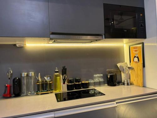 a kitchen counter with a stove and a microwave at Luxurious studioz in New Delhi