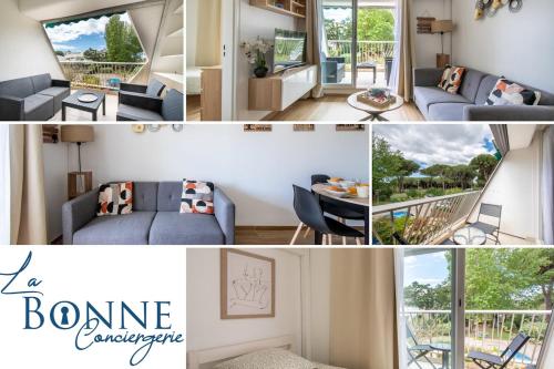 a collage of photos of a room with a sofa and a balcony at Le sable et pinède in La Grande-Motte