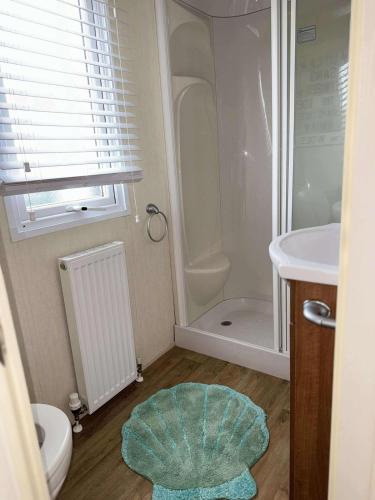 a bathroom with a sink and a toilet and a shower at Peaceful Seaside Getaway in Mainsriddle