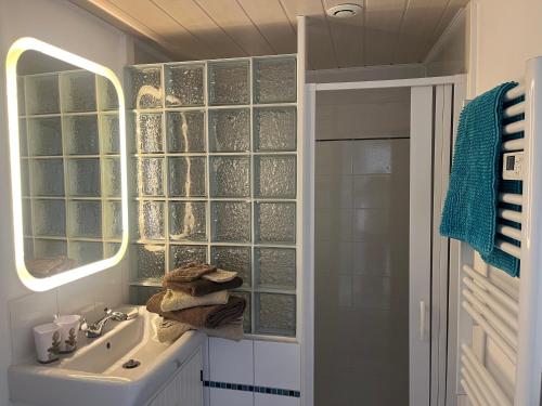 une salle de bain avec un lavabo et un miroir dans l'établissement La Borie, à Thenon