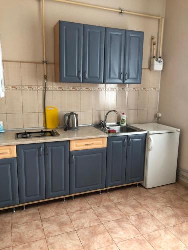 a kitchen with blue cabinets and a sink at Apartment complex in Sumy