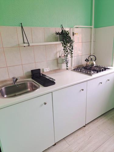 a white kitchen with a sink and a stove at Baznicas Str Apartments in Liepāja