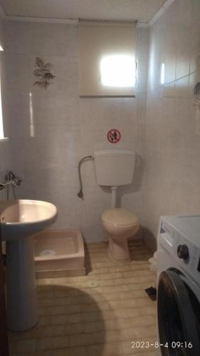 a small bathroom with a toilet and a sink at Alikes Apartment in Drosia