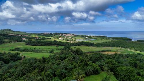 an aerial view of a golf course near the ocean at Spectacular Luxury Rental With Ocean Views And Private Pool in Roatan