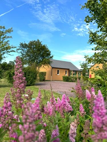 a garden with pink flowers in front of a house at Chalet dans le Perche in Soligny-la-Trappe